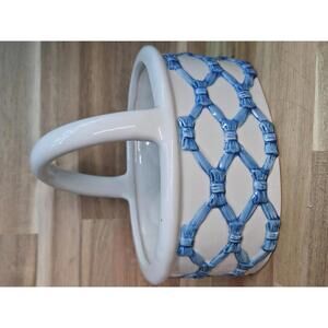 Vintage Italian Ceramic Lattice Basket Blue Woven Pottery 7" Tall Spring/Easter